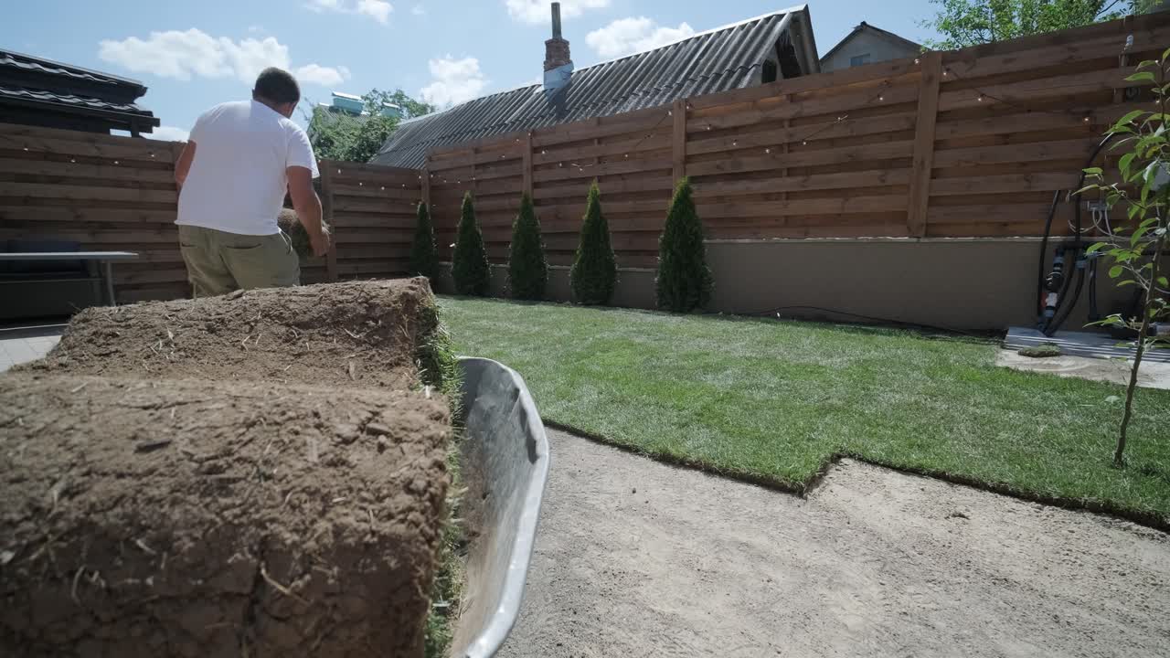 rollo de nuevo césped natural instalado por jardinero profesional. industria de jardinería.