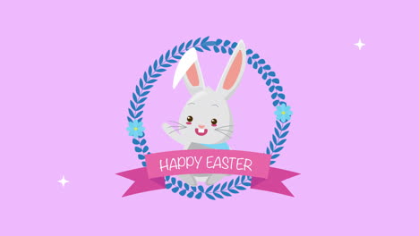 feliz tarjeta animada de pascua con un conejo lindo y un marco de cinta