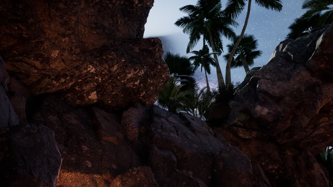 rutas estelares de hiperlapso de 4k sobre paredes y palmeras de cañones de piedra arenisca