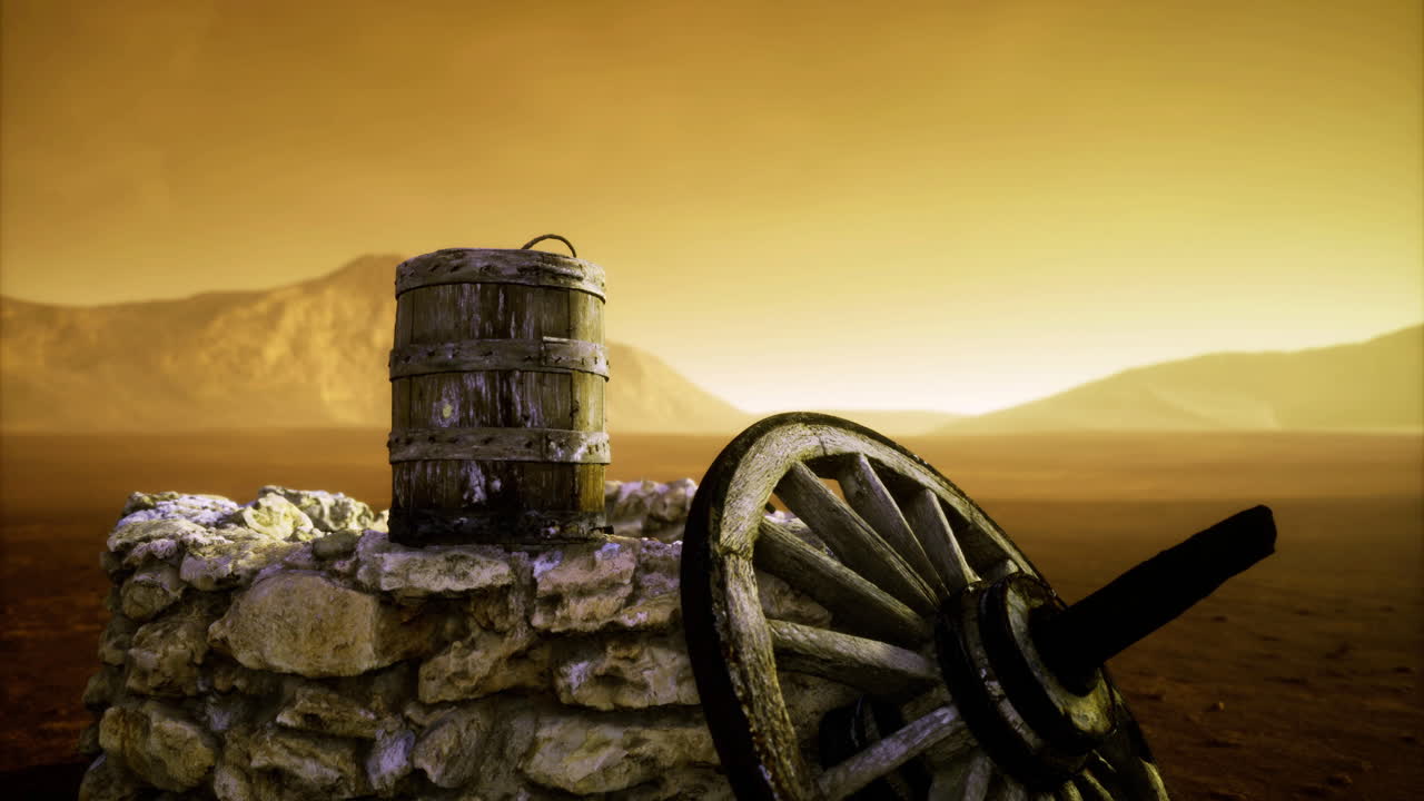 Rustic wooden barrel and wheel near stone wall in scenic mountainous landscape
