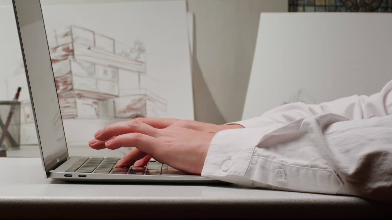 Person working on laptop with architectural sketches