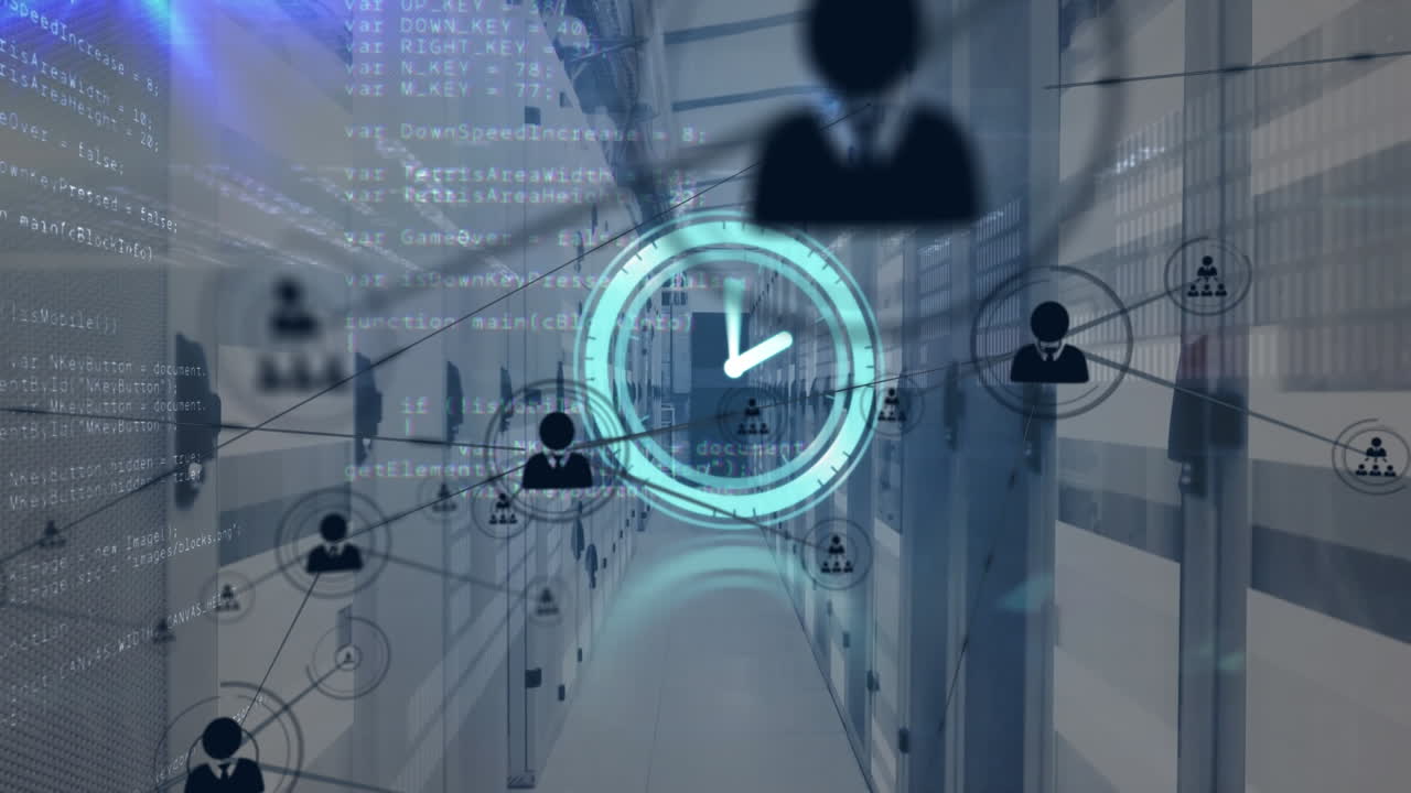 Animation of network of connection with icons and clock over server room