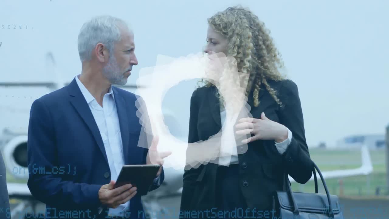 Animation of data processing over business people using tablet by airplane