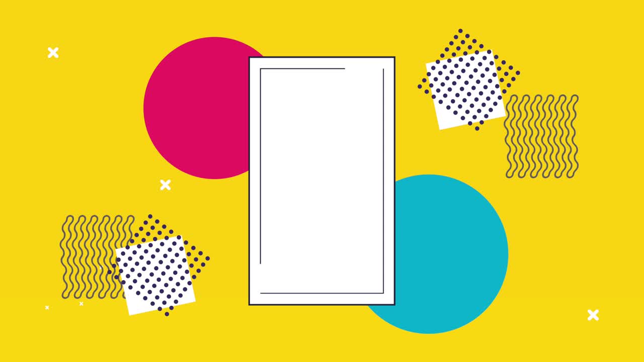 marco rectangular y figuras colores geométricos fondo estilo memphis