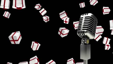 Animation-of-vintage-microphone-with-christmas-presents-falling-on-black-background