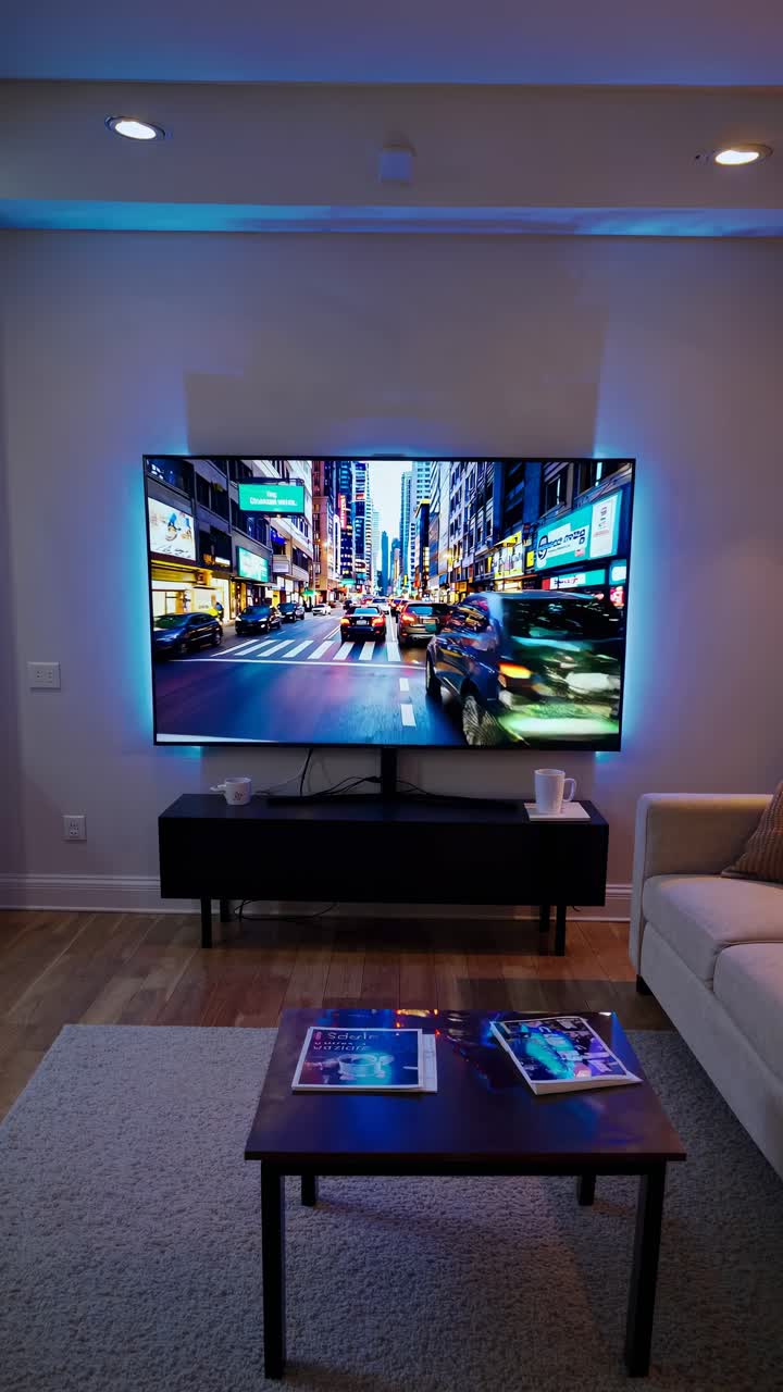 Soggiorno con una TV a parete che mostra un video della giungla. Ripreso da un'angolazione bassa.