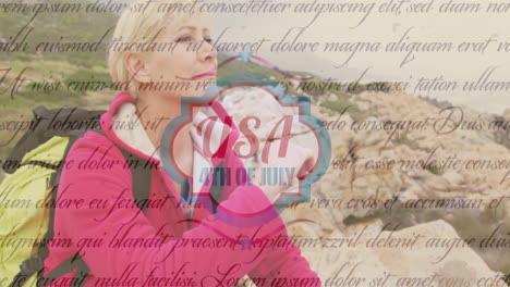 animación de ee.uu. 4 de julio día de la independencia sobre mujer caucásica tomando un descanso de senderismo