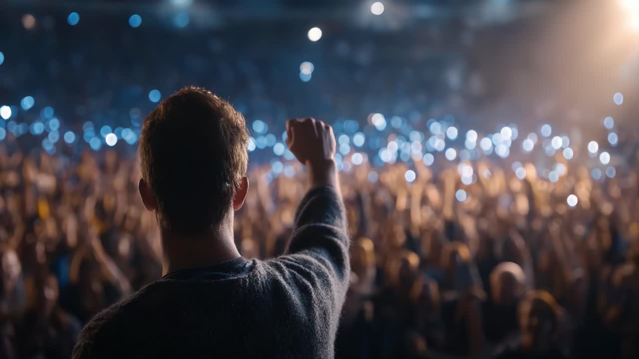 A Charismatic Speaker Inspires a Large Audience with Motivational Gesture, Capturing Collective Excitement and Engagement During a Powerful Event