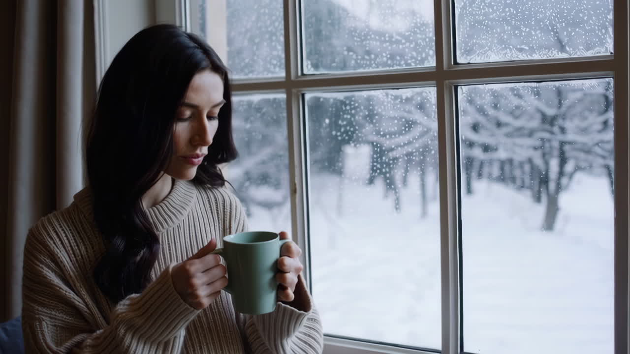 Woman enjoying a warm drink by the window on a snowy day