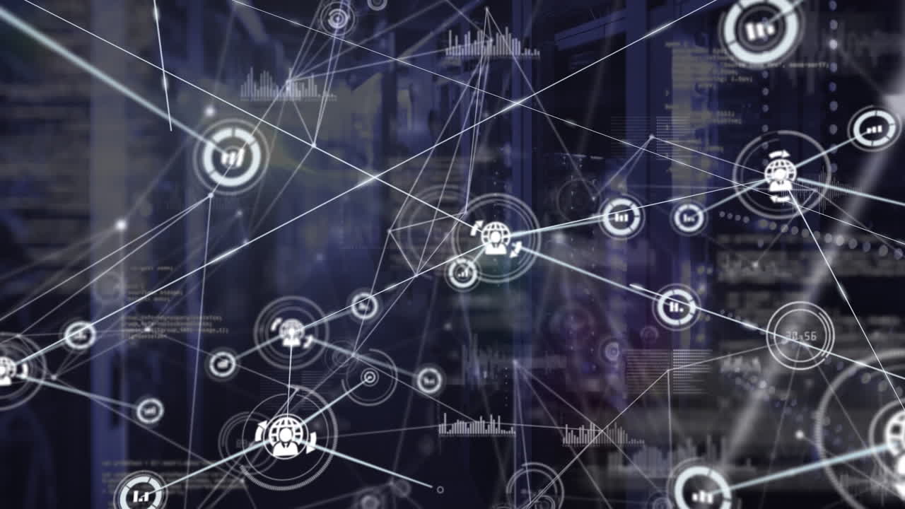 Animation of network of connections with icons and data processing over server room