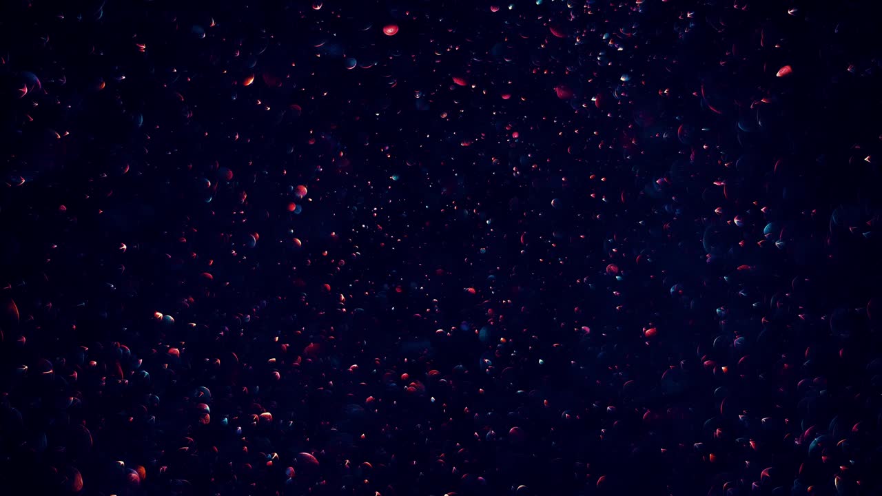 burbujas de bokeh transparente azul oscuro que se mueven lentamente hacia abajo en el fondo azul oscuro, brillando con un toque rojo claro.