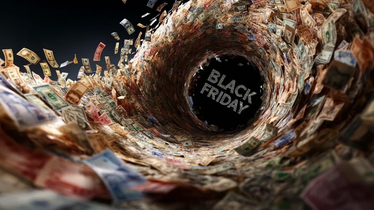 An Engaging Visual Representation of Consumerism: A Vortex of Cash and Currency Surrounds the Bold Words 'Black Friday,' Emphasizing the Frenzy of Shopping and Spending