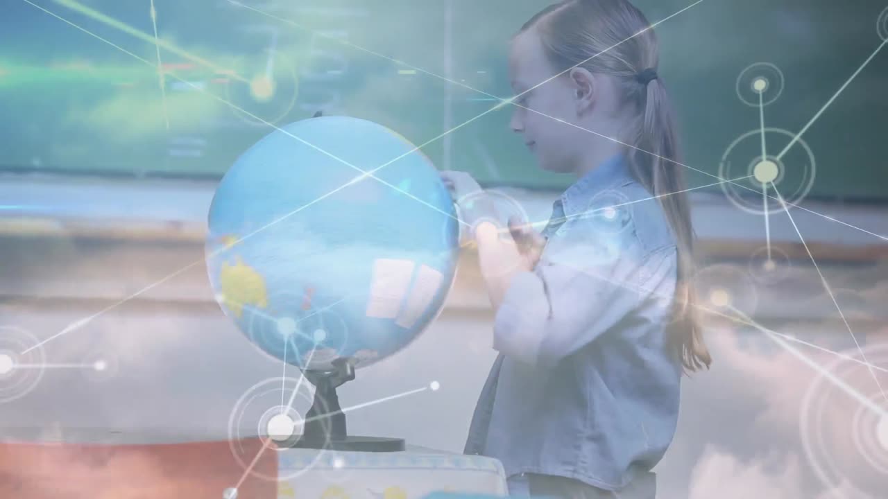 초등학교에서 지구를 사용하여 지리학을 배우는 백인 소녀에 대한 연결 네트워크