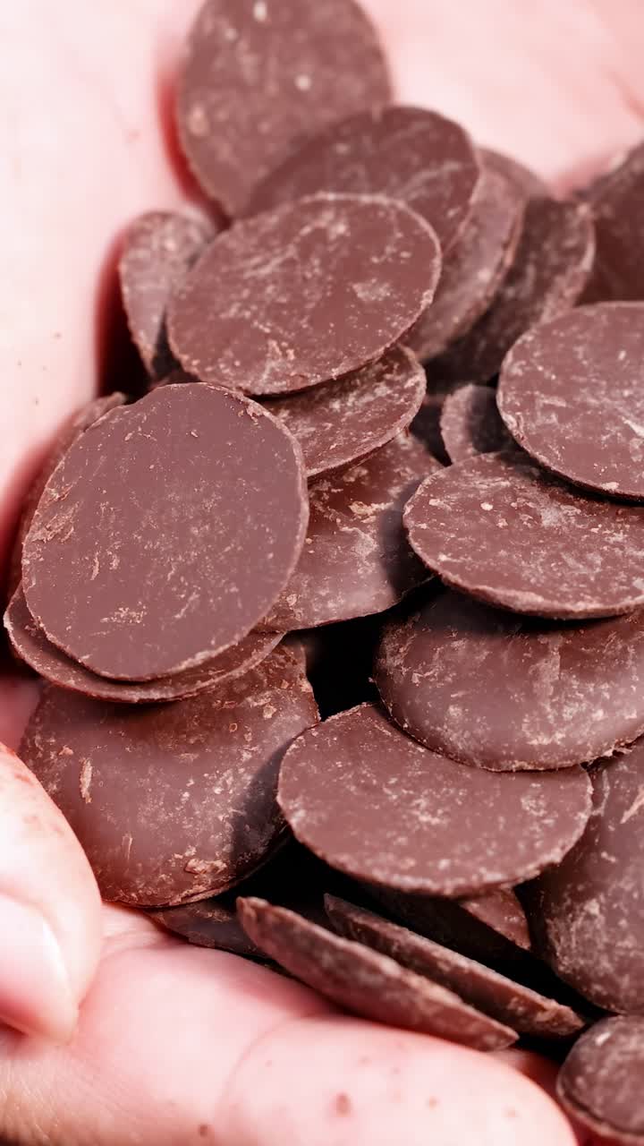 Mani che reggono delicatamente dischi di cioccolato in diverse posizioni