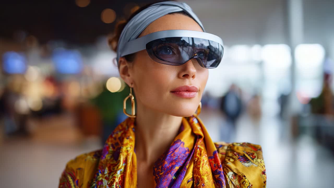 A Fashionable Woman Wearing Stylish Glasses Showcases Elegance and Modernity in an Urban Setting Filled with Blurred People in the Background