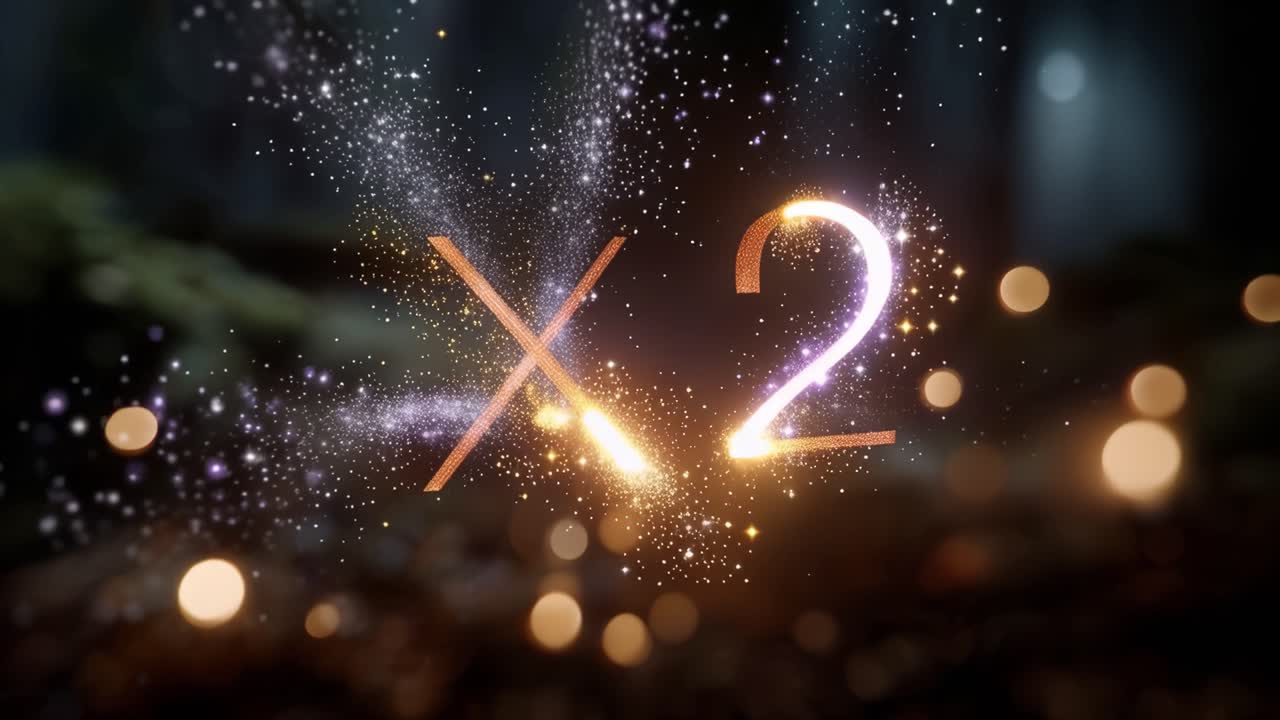 Golden X2 risplende tra particelle scintillanti. Luci tremolanti fluttuano dietro il testo luminoso. Particelle luccicanti vorticano intorno ai simboli. Una foresta scura brilla dolcemente sullo sfondo.