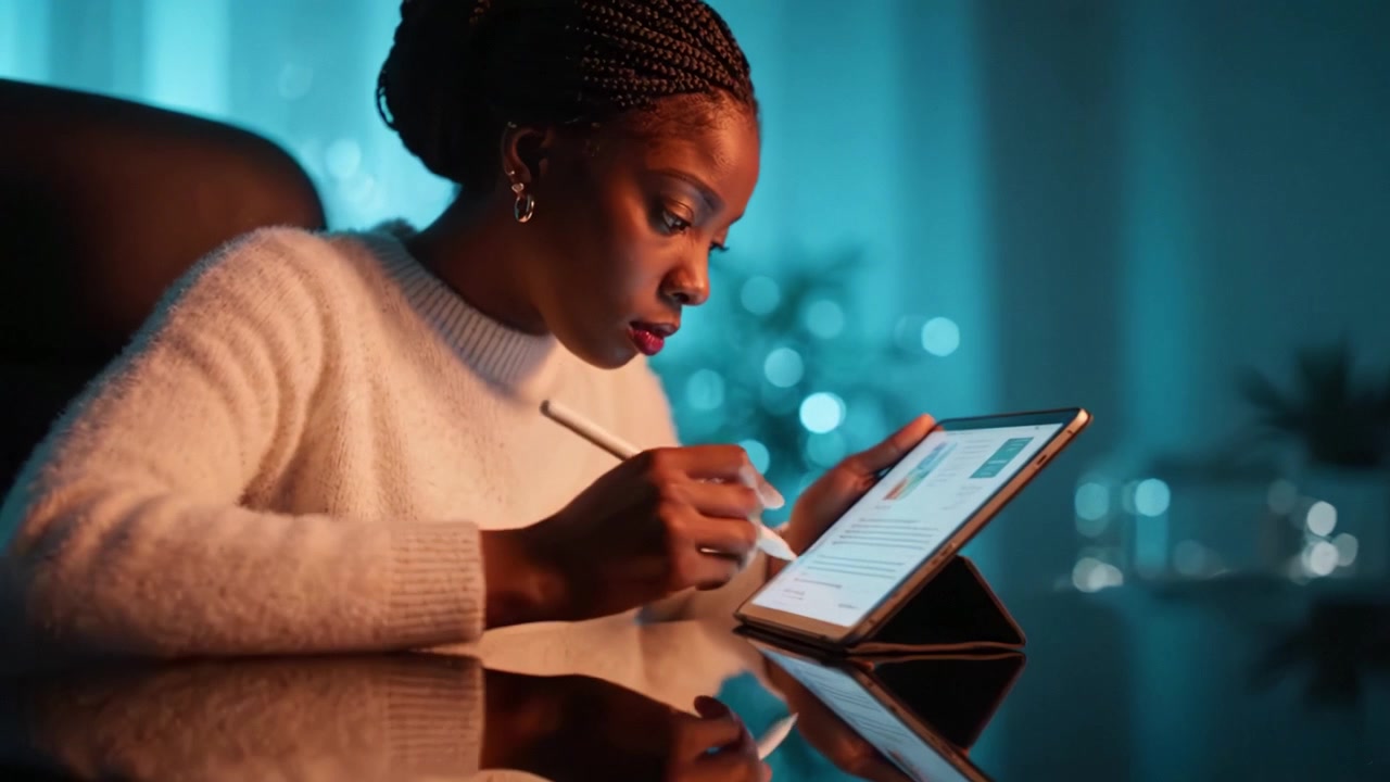 A focused individual immersed in digital creation, using a stylus on a tablet while seated at a desk, surrounded by ambient lighting in a modern workspace.