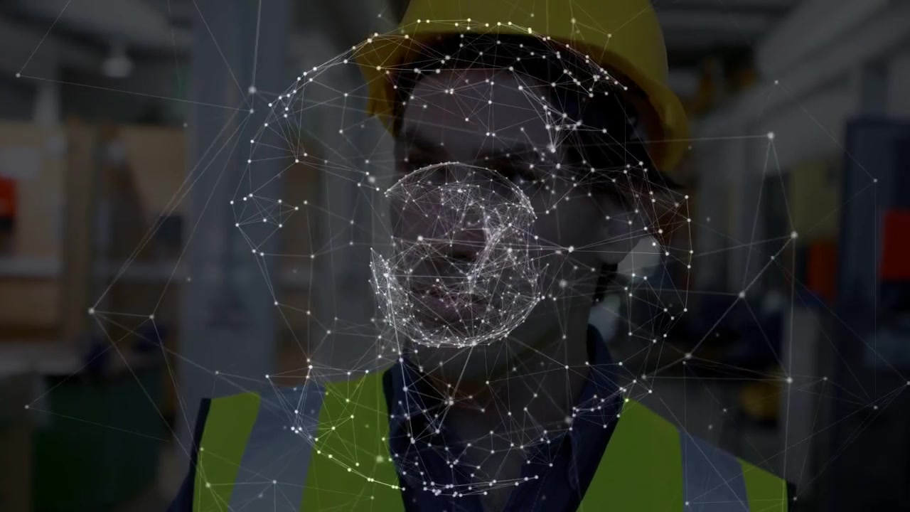 Arbejder holder tablet og starter en voksende AR-globus, tager hjelm på og scanner gange for sikkerhed.