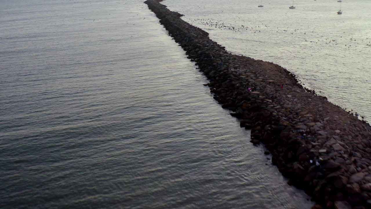 Long Rock Jetty in the Ocean with Boats and Birds