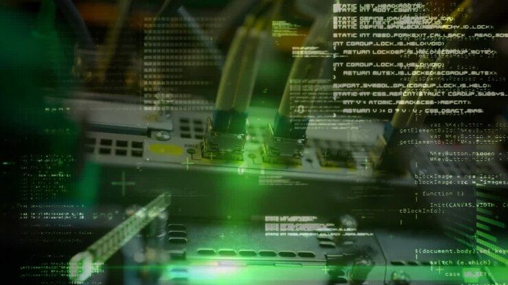 Animation of binary codes and looping computer language over back panel of data server machine