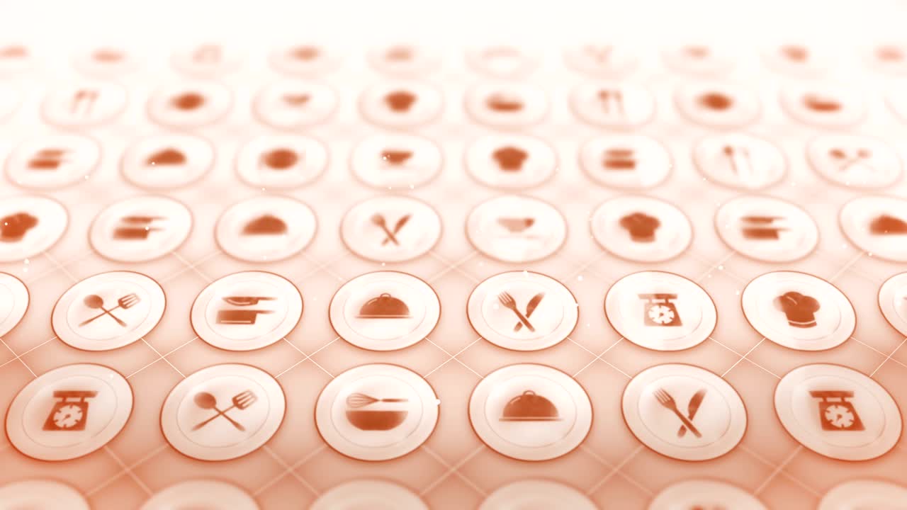 레스토랑 아이콘의 세트, 레스토랑 요리 장비 배경, cg 루프 애니메이션