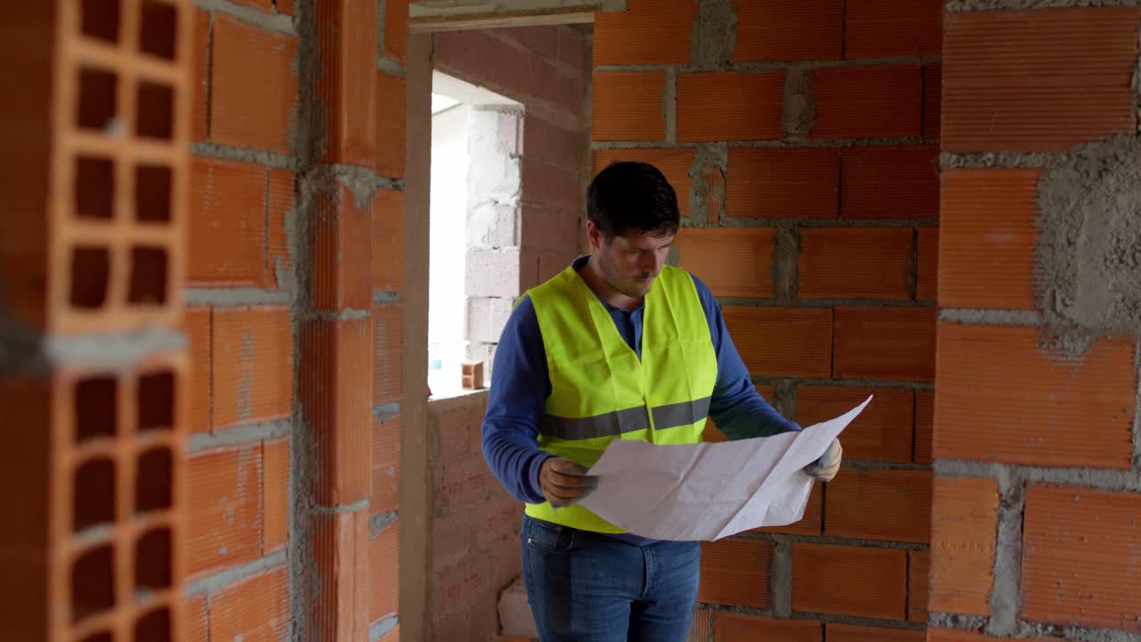 imágenes en cámara lenta de 4k de un trabajador de la construcción entrando en un marco de puerta hecho de ladrillo naranja, inspeccionando el proyecto de construcción y mirando alrededor del sitio.