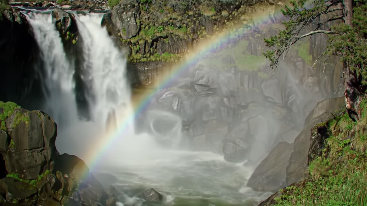 Spectacular Waterfall with Vibrant Rainbow Overlapping a Scenic Landscape, Showcasing the Beauty of Nature's Wonders in a Serene Environment