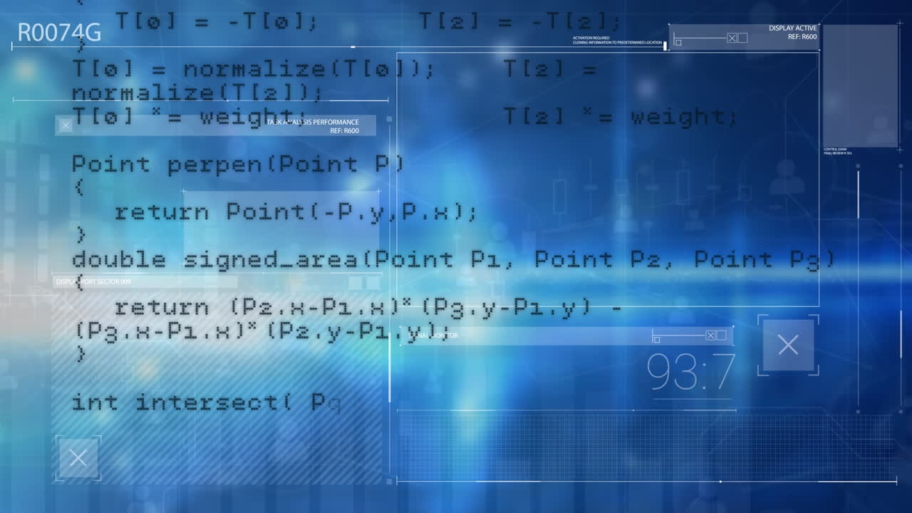 Animation of computer language over graphs and lens flares against abstract background