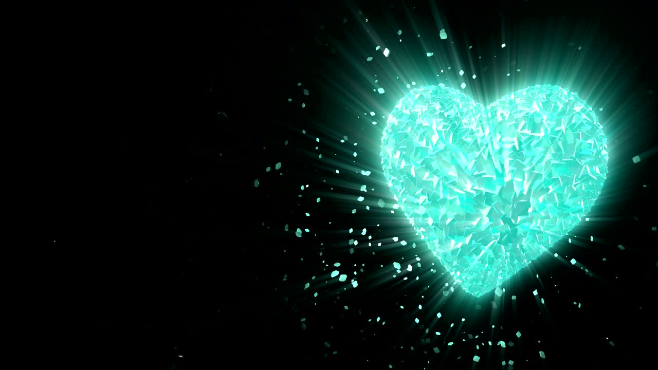 추상적인 루프 애니메이션 배경: 회전하는 빛나는 3d 얼어붙은 심장 모양의 조각과 가운 파란색의 큐브가 산란한 조각으로 회전합니다.