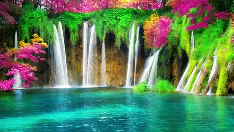 cinemagraph video of waterfall in plitvice lakes croatia, fantasy foliage color