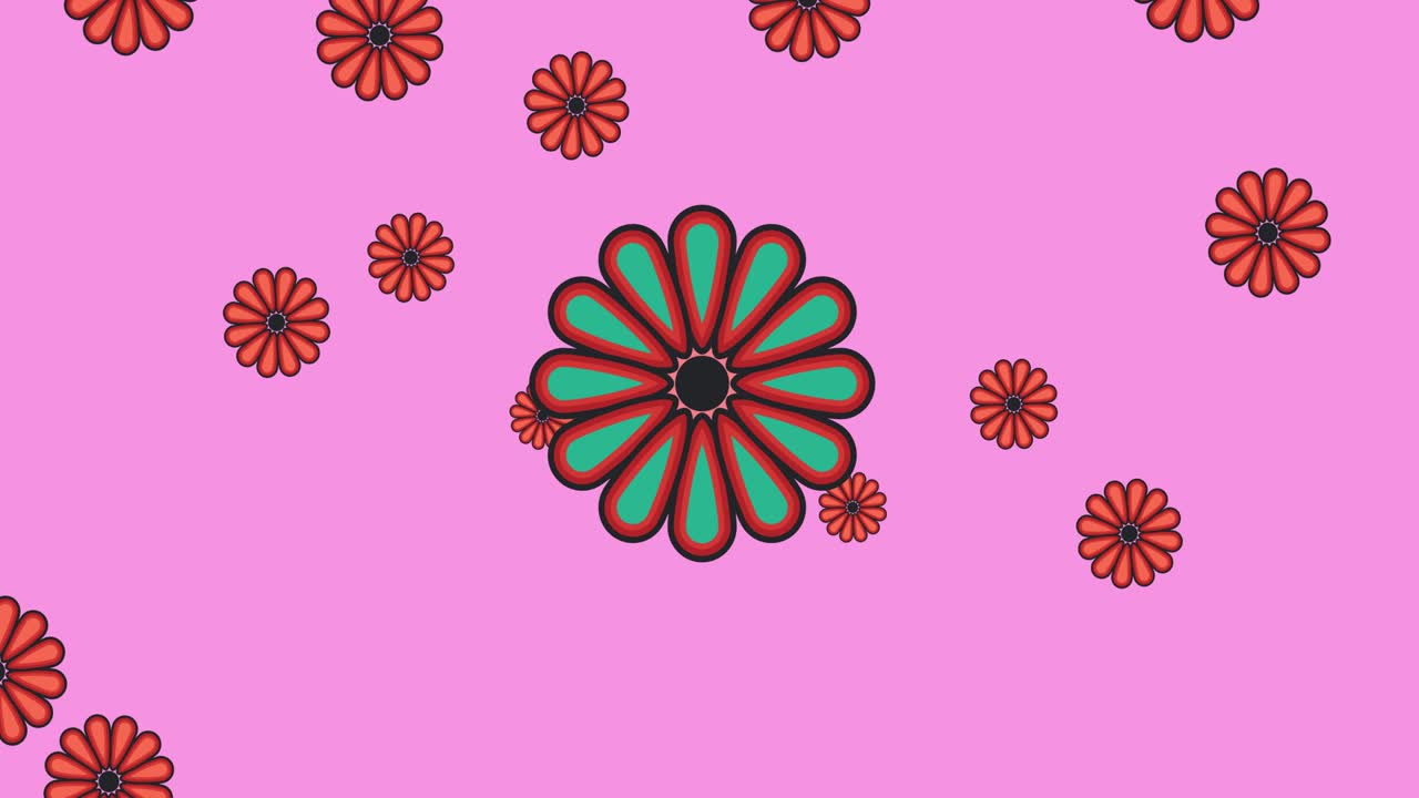 animación de múltiples flores rojas sobre un fondo rosado