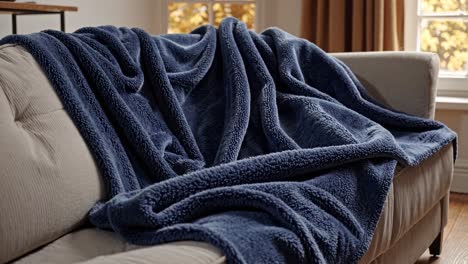 cozy blue blanket draped over a sofa in a warmly lit room. captured from a low angle