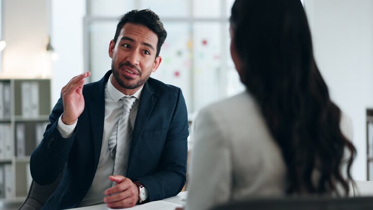Happy, interview and business people in a meeting