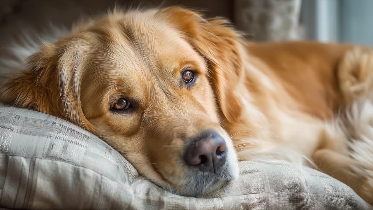 A Heartwarming Portrait of a Golden Retriever, Capturing Its Emotions as It Reflects Calmly on a Cozy Cushion by the Window