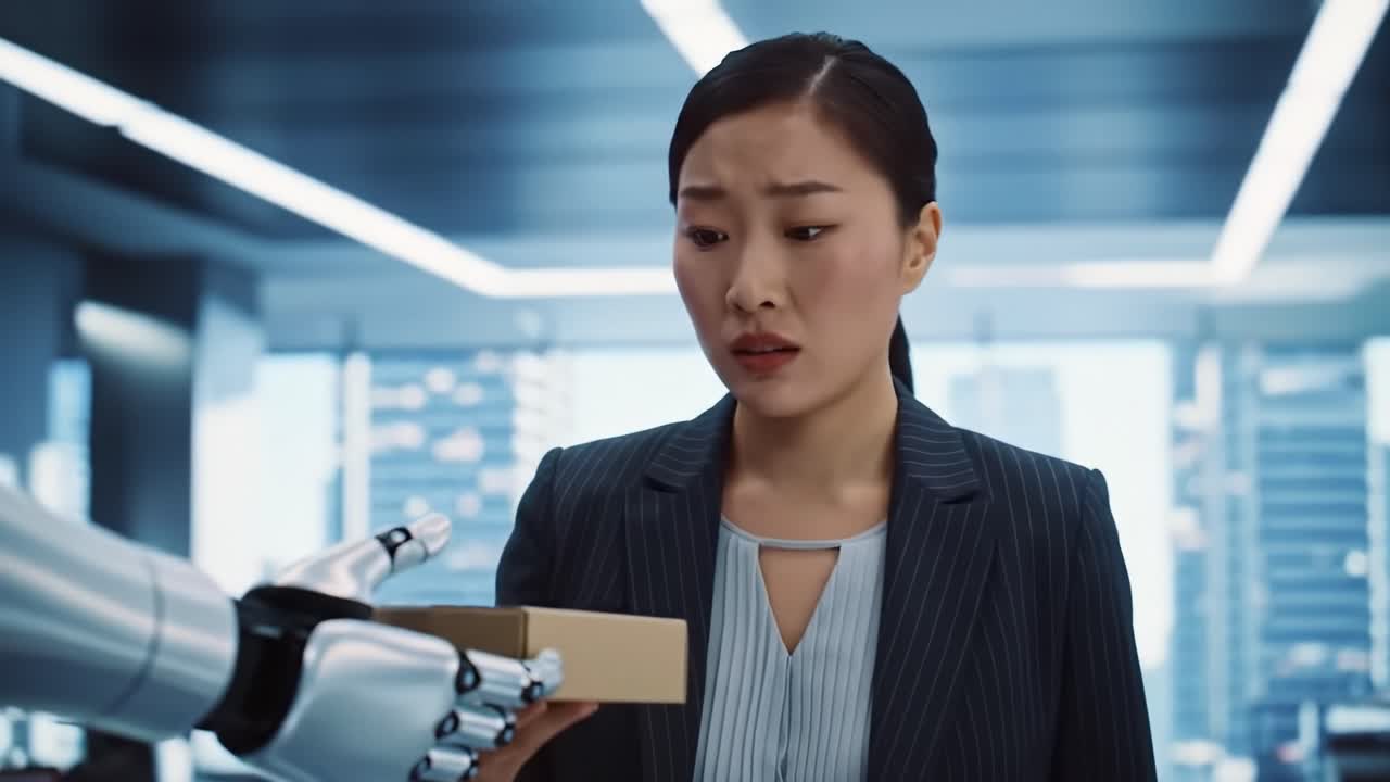 A Robotic Assistant Reaches Out to a Woman in a Modern Office Environment, Highlighting the Intersection of Human Emotion and Advanced Technology