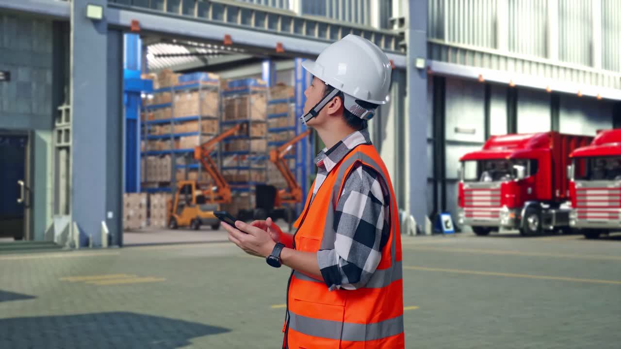 Side View Of Asian Male Engineer With Safety Helmet Using Smartphone And Looking Around While Standing , Outside of Logistics Distributions Warehouse