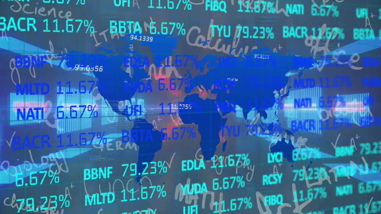 Animation of world map with financial data and percentages in blue and green