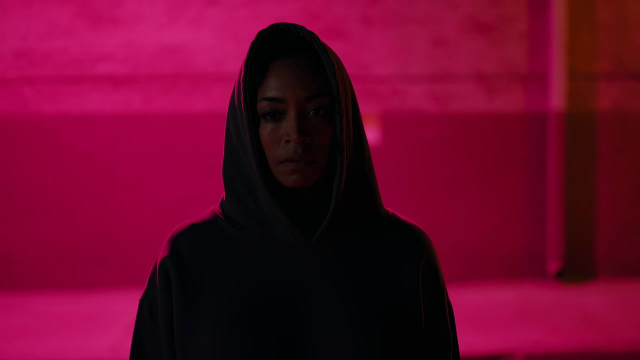 Hooded Woman Neon Magenta Room Moody Cinematic Portrait With Shadowed Face, Urban Underground Setting,