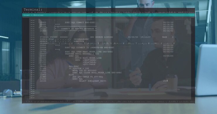 Woman gesturing initiating scrolling SQL code overlay while colleagues reviewing order processing