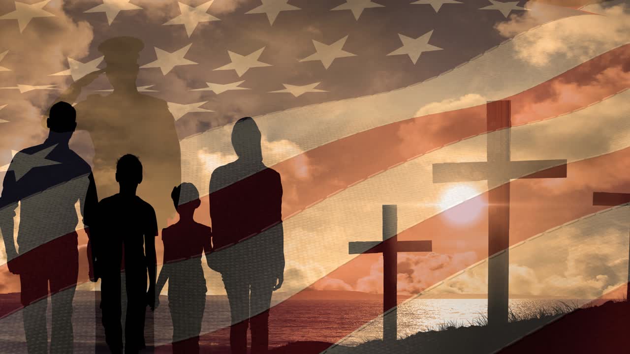 Animation of crucifix soldier silhouette saluting and family moving over american flag