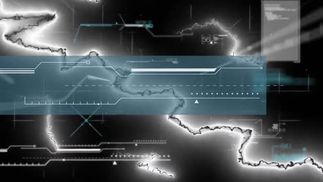 Animación-De-La-Interfaz-Del-Escáner-Y-Procesamiento-De-Datos,-Con-Corrientes-Eléctricas-Blancas-Sobre-Fondo-Negro.