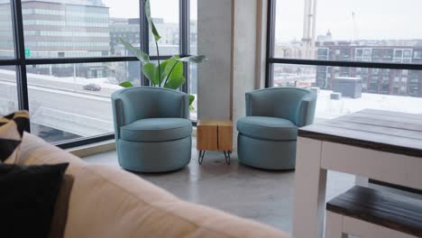 two modern chairs next to city facing windows in a condo building in downtown minneapolis