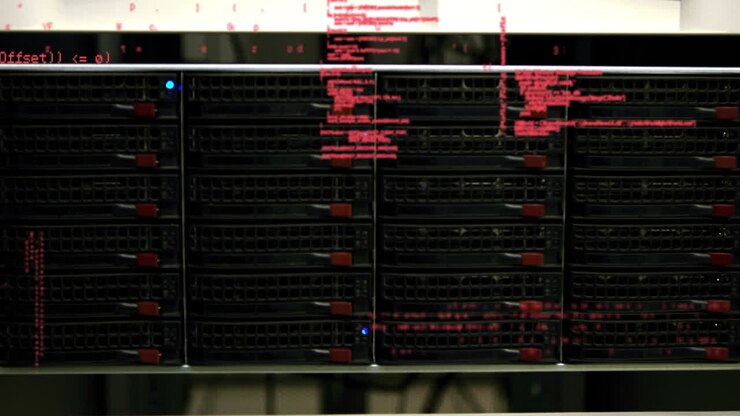 Animation of data processing over close up of computer server