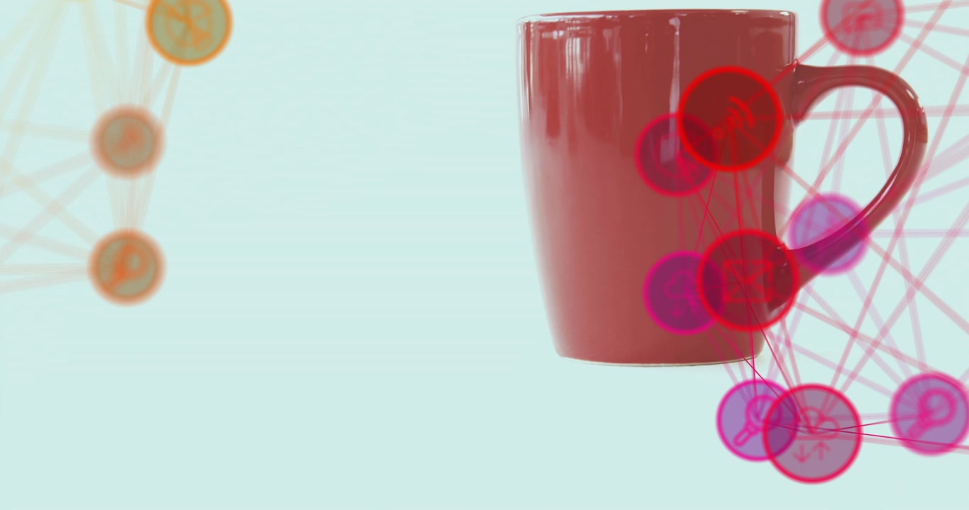 Triggered by top descent, glossy red mug sliding, rotating over network nodes showing connectivity
