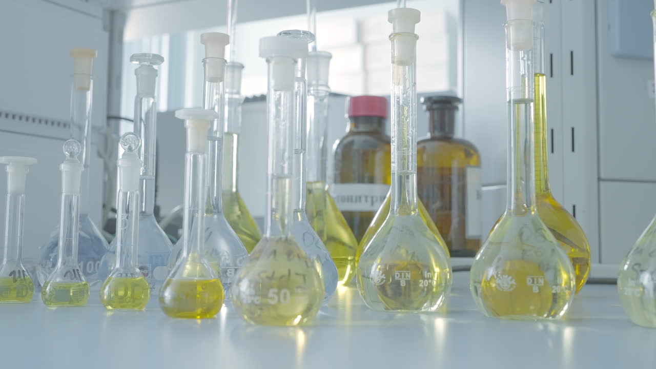 лабораторные стеклянные изделия и жидкости