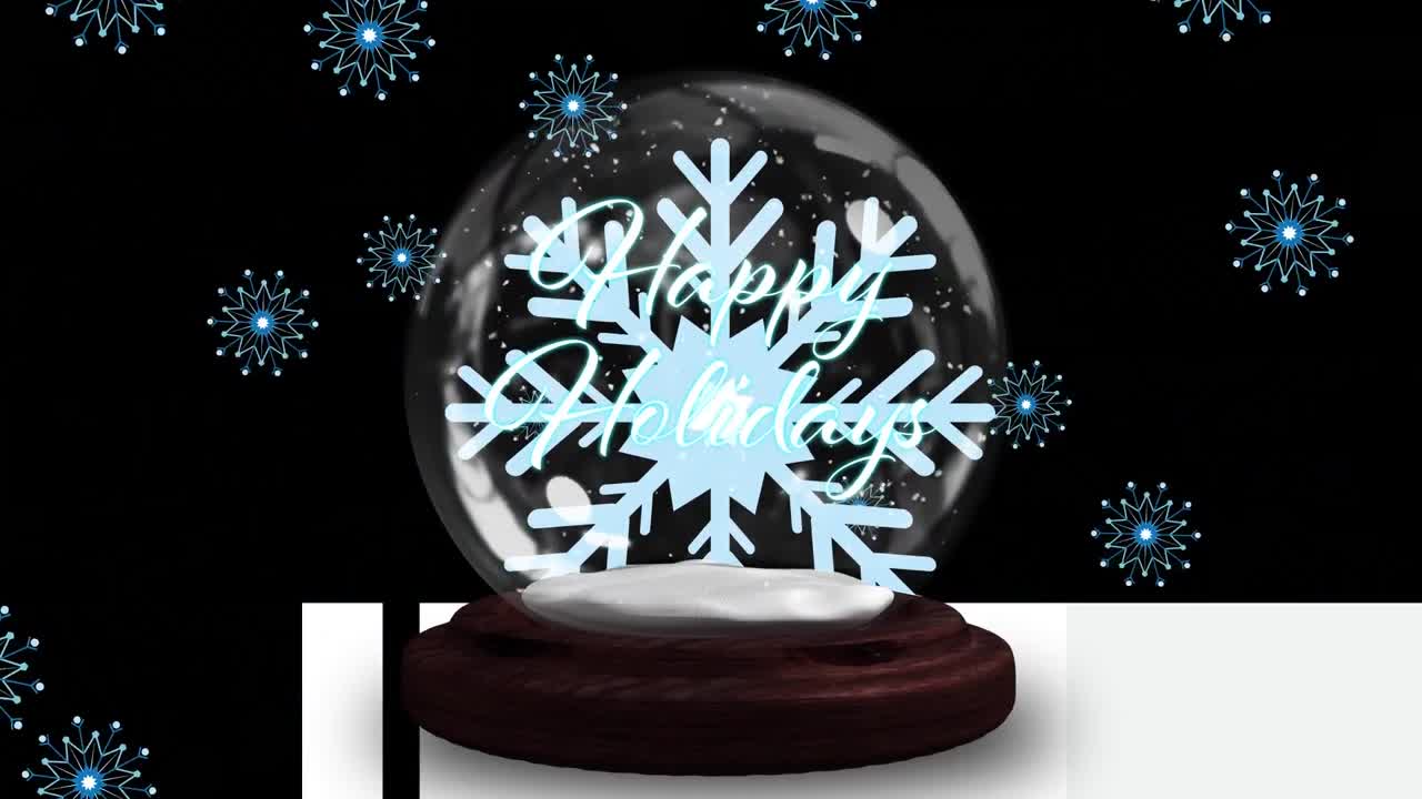 블랙 배경에 행복한 휴일 텍스트와 함께 눈이 내리는 스노우 글로브의 애니메이션