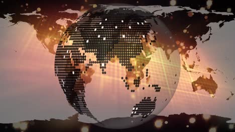 animación de puntos flotantes y globo girando sobre el mapa del mundo
