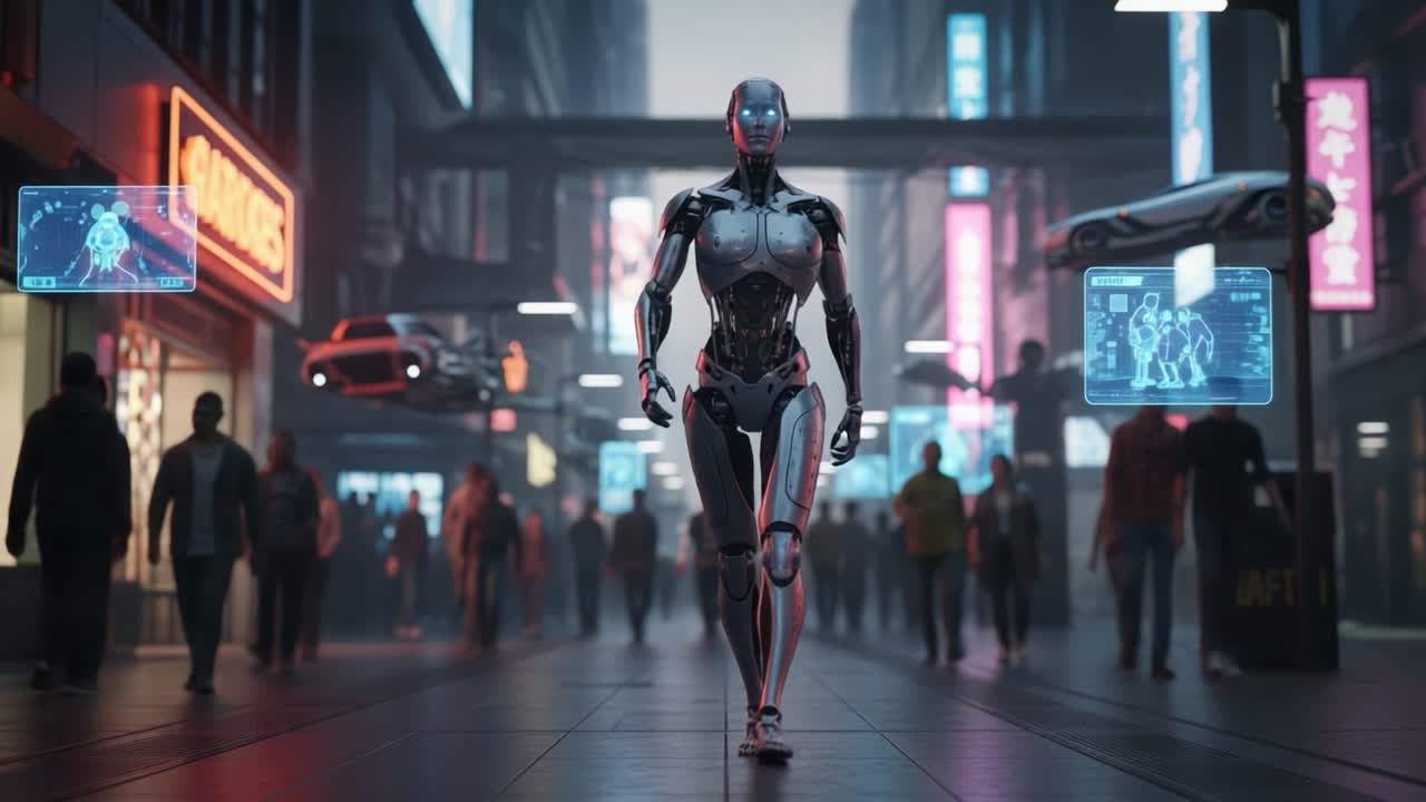 A Futuristic Path: A Sleek, Advanced Robot Navigates a Bustling Urban Environment Filled with Neon Lights and Crowds in This Dynamic Visual Representation.