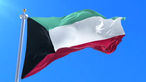 flag of kuwait waving at wind with blue sky in slow, loop