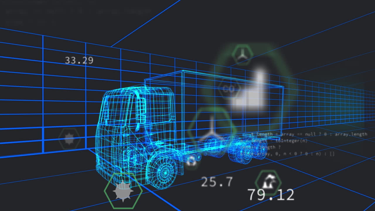 터널에서 원활한 패턴으로 움직이는 3d 트럭 모델 위의 여러 디지털 아이콘의 애니메이션